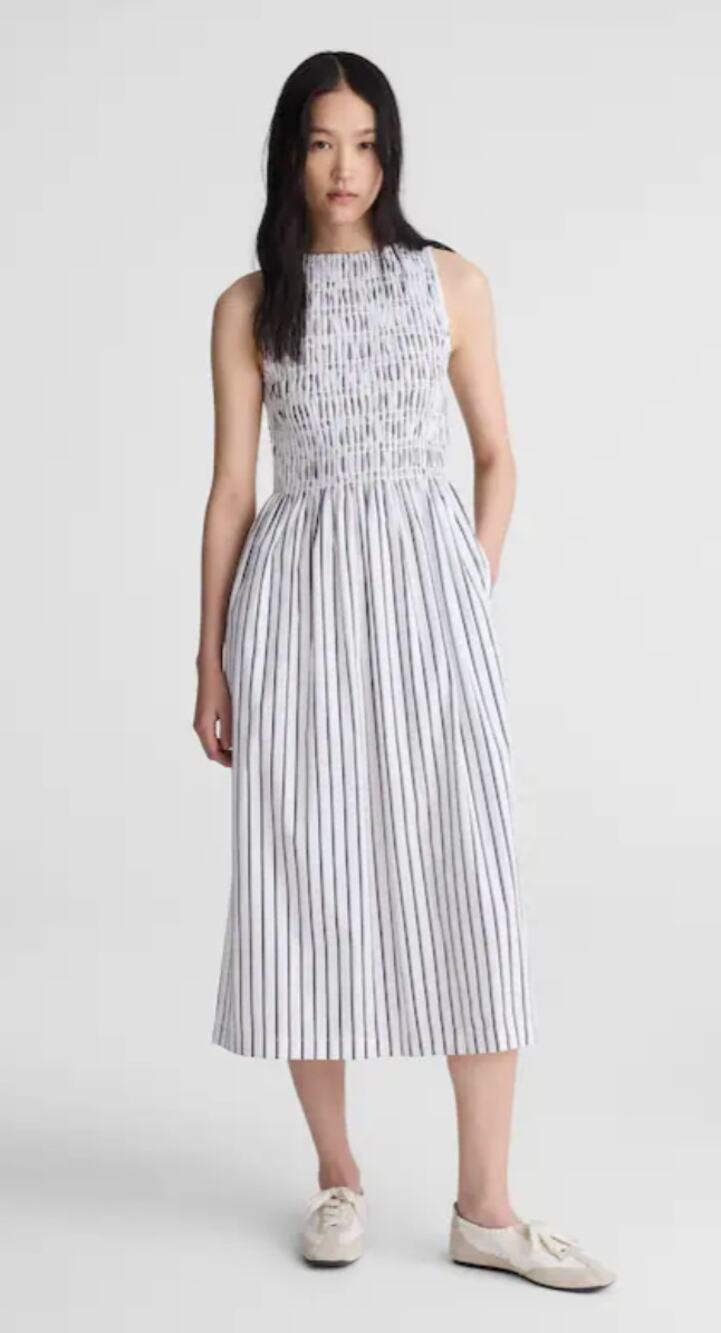 Madewell | NWT Boatneck Smocked Midi Dress Black White Stripe | Sz S